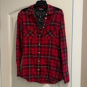 Express Red and Black Plaid Button Down Shirt with Lace Detail